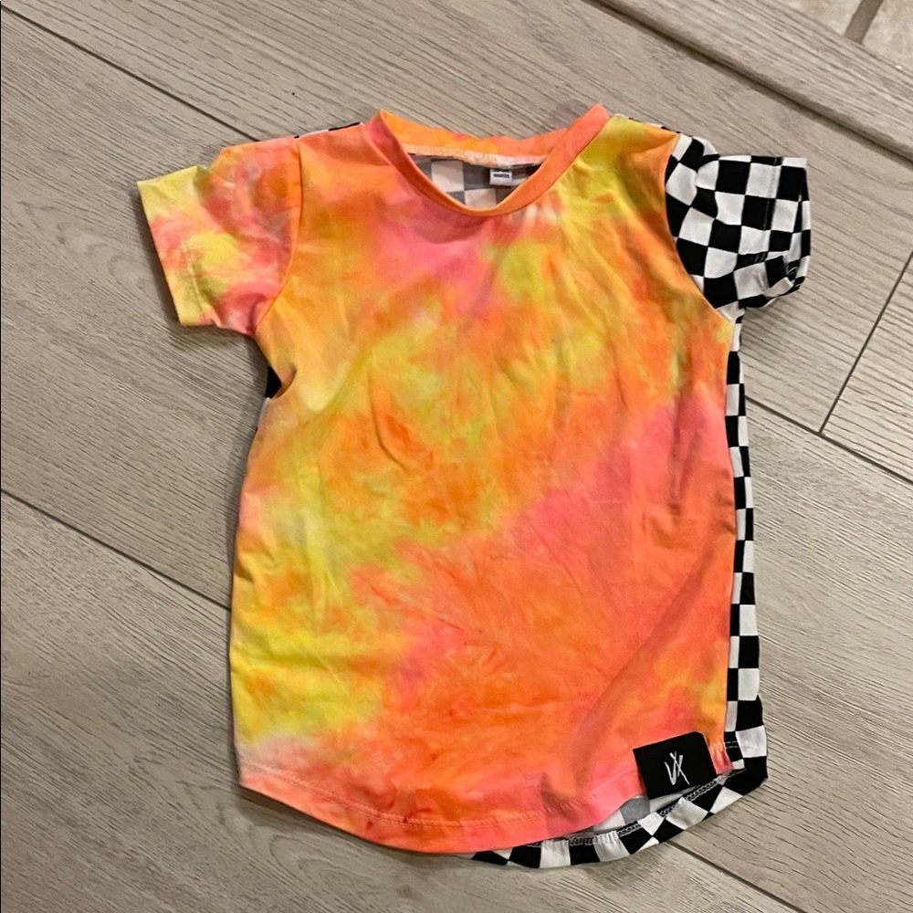 Colorful Tie-Dye Kids Tee with Checkered Accent